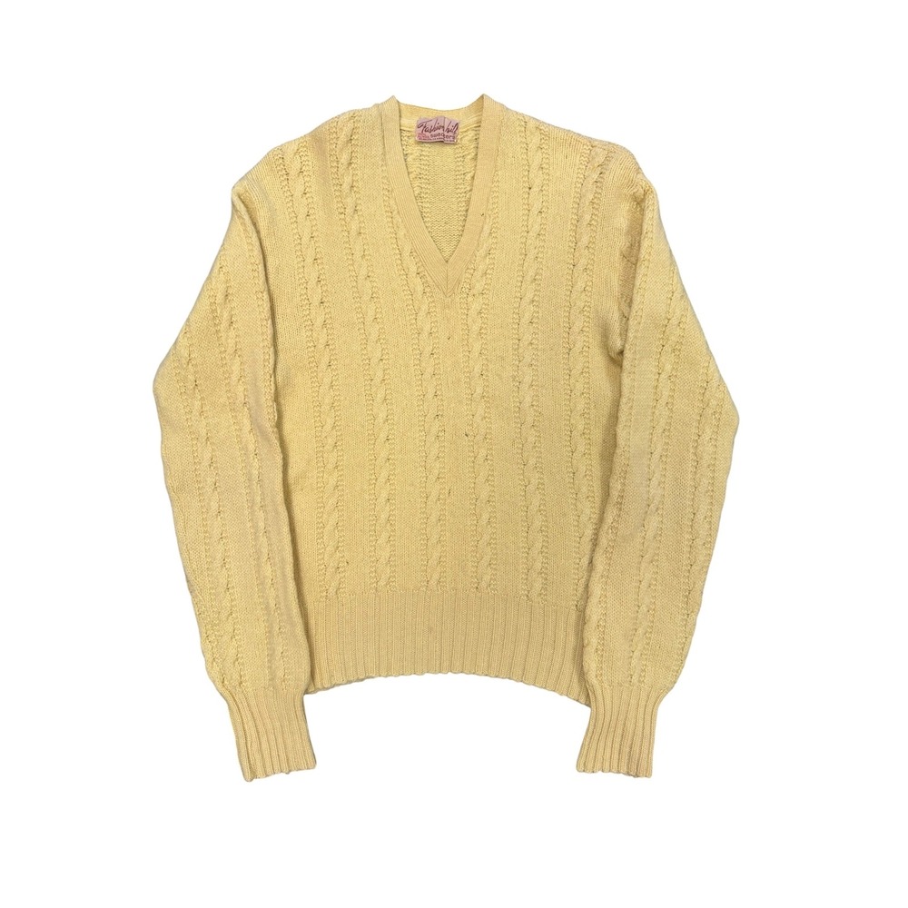 60s Fashion Hill V-Neck Sweater Mens S/M Yellow Good Vintage Cable Knit Wool